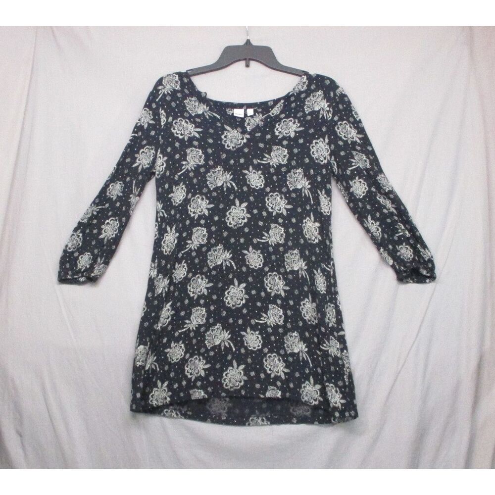 Bongo Black Floral Pattern Scoop Neck Tunic Dress Women Size M